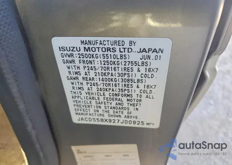 2002 Isuzu Trooper S z USA, uszkodzony, nr VIN JACDS58X927J00925